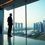 Business professional overlooking Singapore’s skyline from a modern office, representing opportunities for foreigners starting a business in Singapore with B-Wiz Partners.