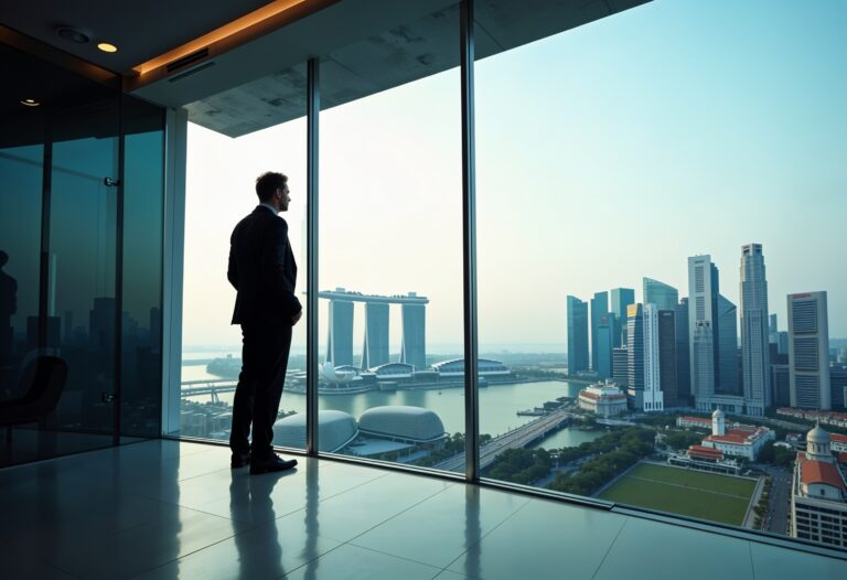 Business professional overlooking Singapore’s skyline from a modern office, representing opportunities for foreigners starting a business in Singapore with B-Wiz Partners.