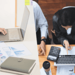 Split-screen comparison of outsourced accounting and in-house accounting teams managing financial reports, bookkeeping, and business finances in a professional office environment for B-Wiz Partners.