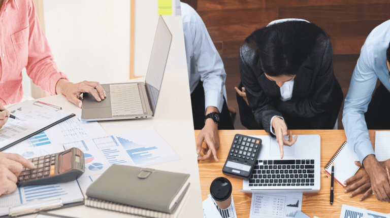 Split-screen comparison of outsourced accounting and in-house accounting teams managing financial reports, bookkeeping, and business finances in a professional office environment for B-Wiz Partners.