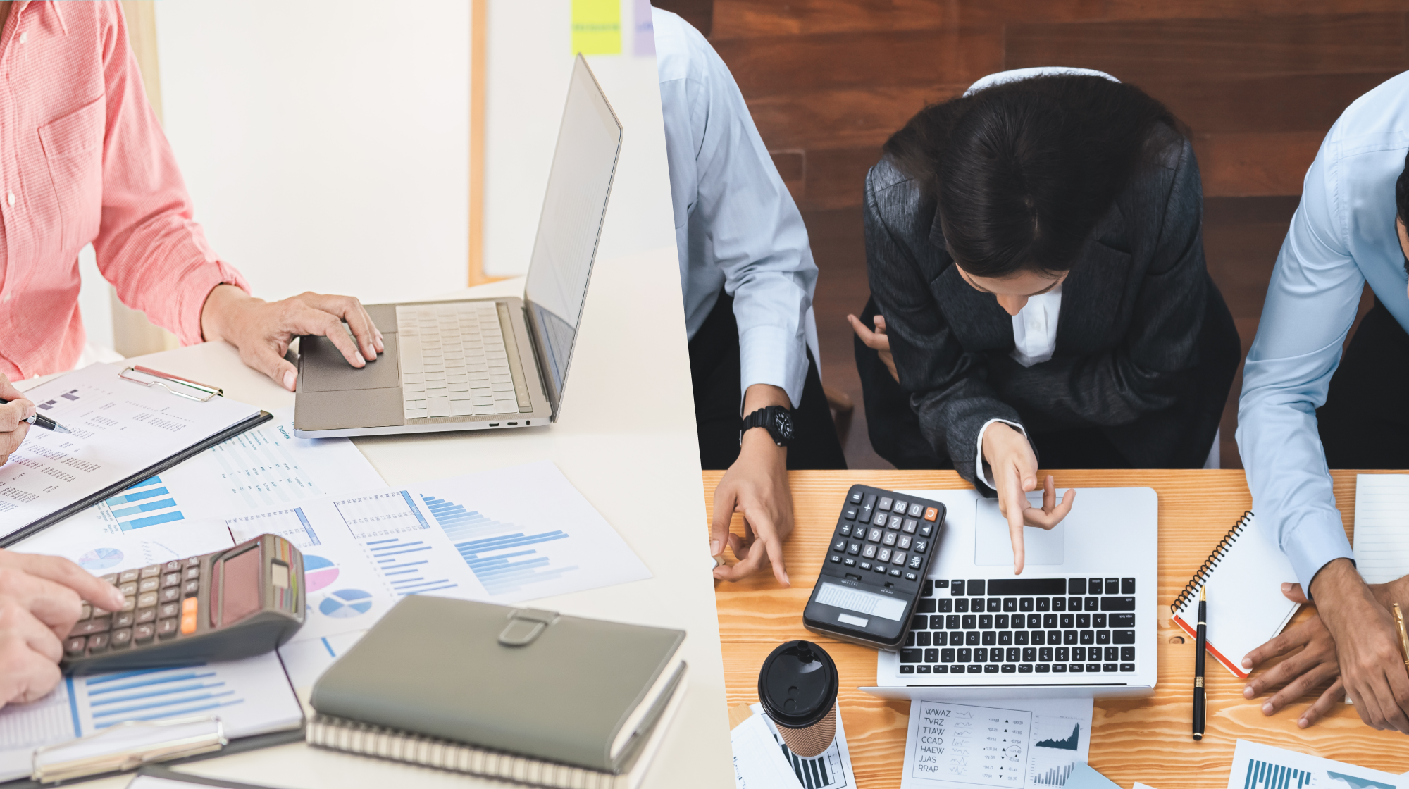 Split-screen comparison of outsourced accounting and in-house accounting teams managing financial reports, bookkeeping, and business finances in a professional office environment for B-Wiz Partners.